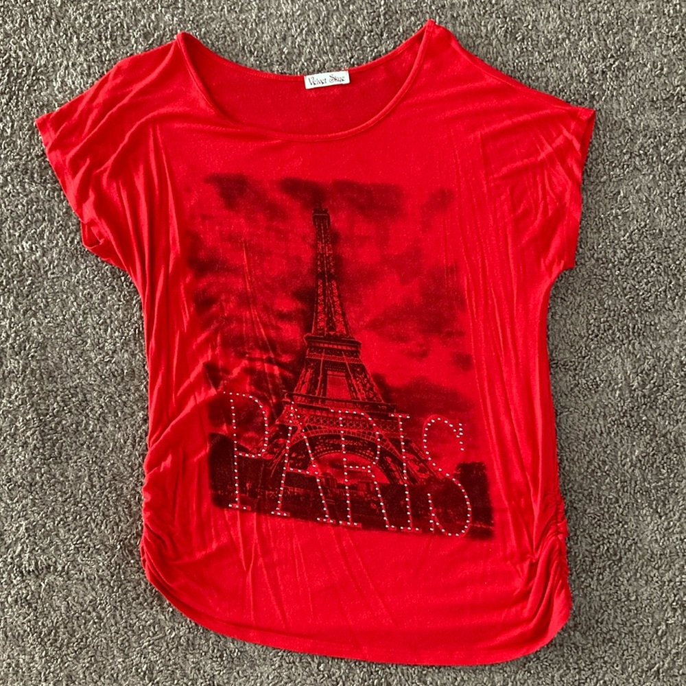 Velvet Skye Paris Eiffel Tower Bling Top Shirt Size M Red Black